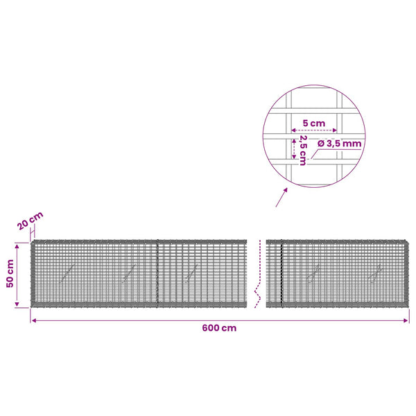 Gabion 3,5 mm langasta ja 5x2,5 cm verkosta 600x20x50 cm