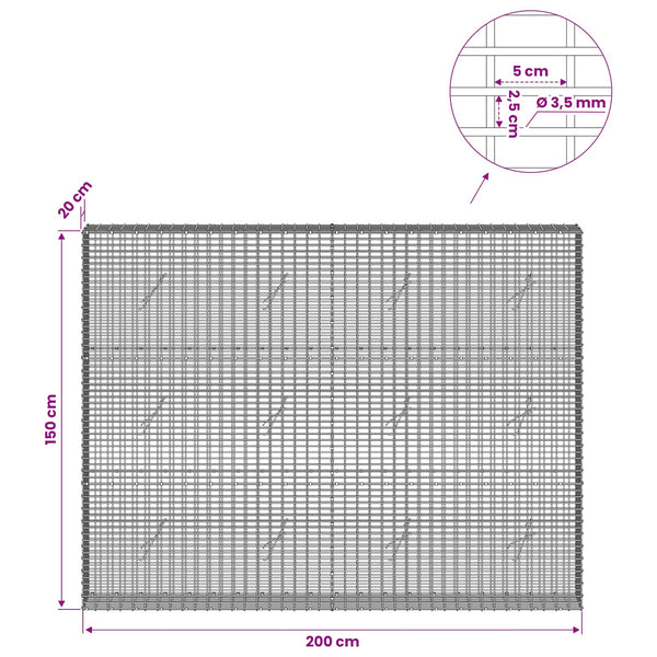 Gabion 3,5 mm langasta ja 5x2,5 cm verkosta 200x20x150 cm