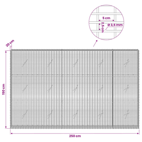 Gabion 3,5 mm langasta ja 5x2,5 cm verkosta 250x20x150 cm