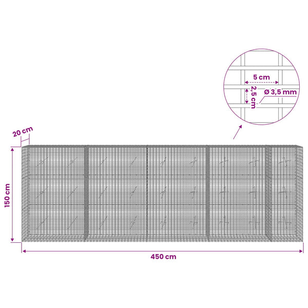 Gabion 3,5 mm langasta ja 5x2,5 cm verkosta 450x20x150 cm
