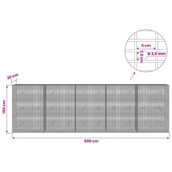 Gabion 3,5 mm langasta ja 5x2,5 cm verkosta 500x20x150 cm