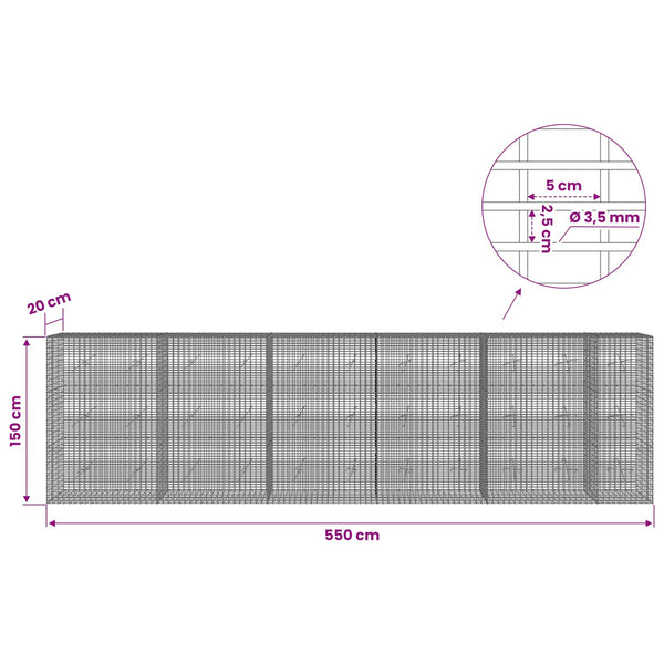 Gabion 3,5 mm langasta ja 5x2,5 cm verkosta 550x20x150 cm