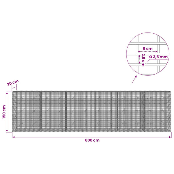 Gabion 3,5 mm langasta ja 5x2,5 cm verkosta 600x20x150 cm