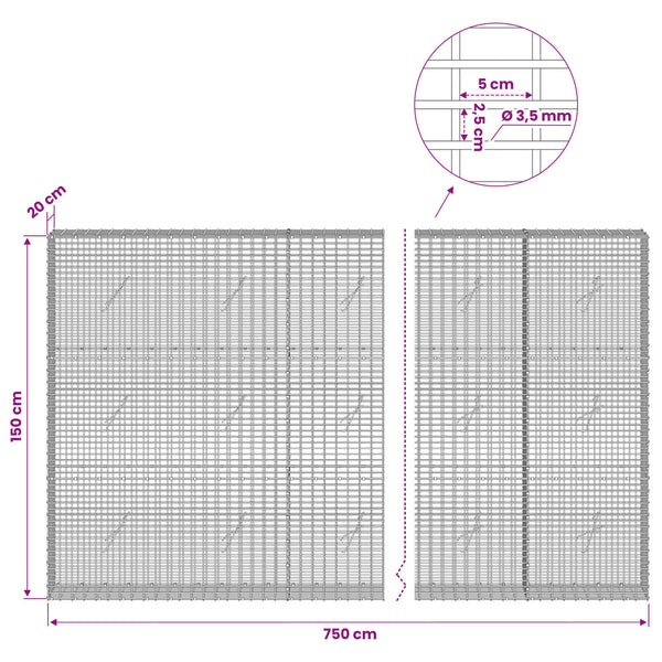 Gabion 3,5 mm langasta ja 5x2,5 cm verkosta 750x20x150 cm