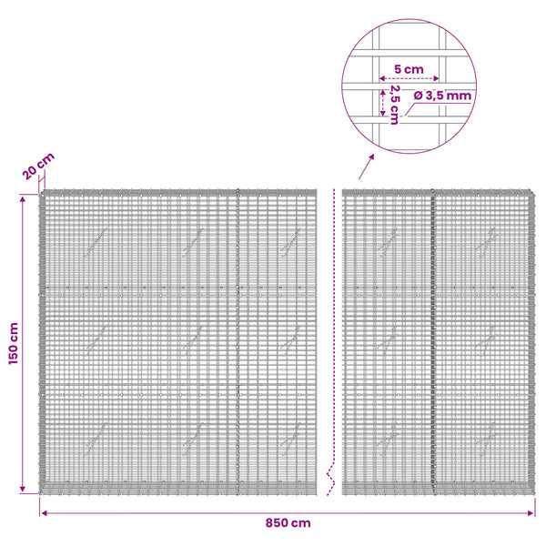 Gabion 3,5 mm langasta ja 5x2,5 cm verkosta 850x20x150 cm