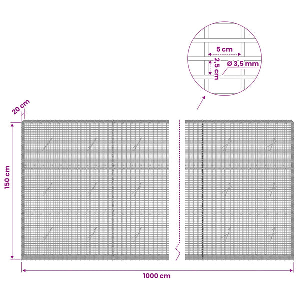 Gabion 3,5 mm langasta ja 5x2,5 cm verkosta 1000x20x150 cm