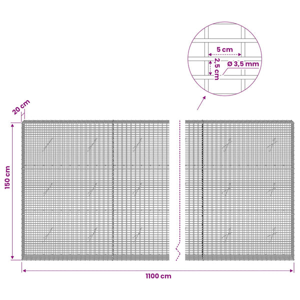 Gabion 3,5 mm langasta ja 5x2,5 cm verkosta 1100x20x150 cm
