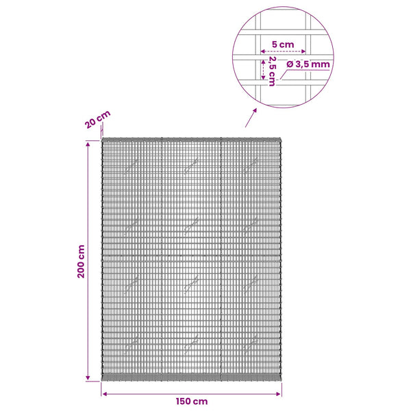 Gabion 3,5 mm langasta ja 5x2,5 cm verkosta 150x20x200 cm