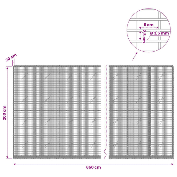 Gabion 3,5 mm langasta ja 5x2,5 cm verkosta 650x20x200 cm