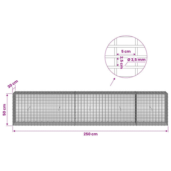 Gabion 3,5 mm langasta ja 5x2,5 cm verkosta 250x30x50 cm