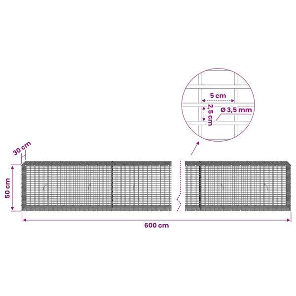 Gabion 3,5 mm langasta ja 5x2,5 cm verkosta 600x30x50 cm