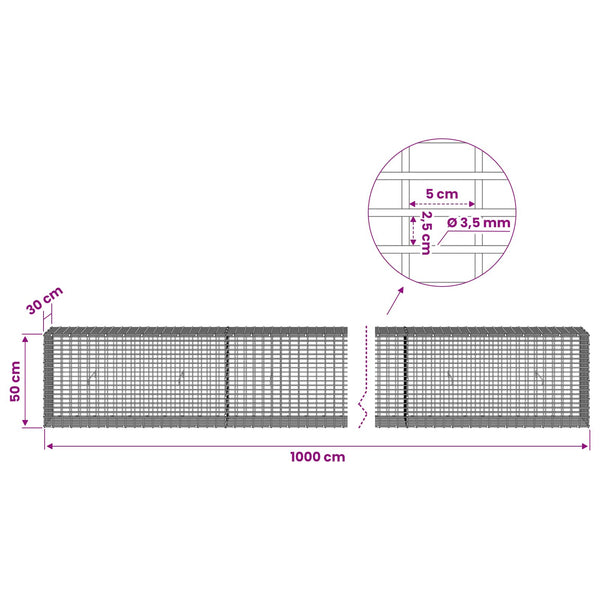 Gabion 3,5 mm langasta ja 5x2,5 cm verkosta 1000x30x50 cm