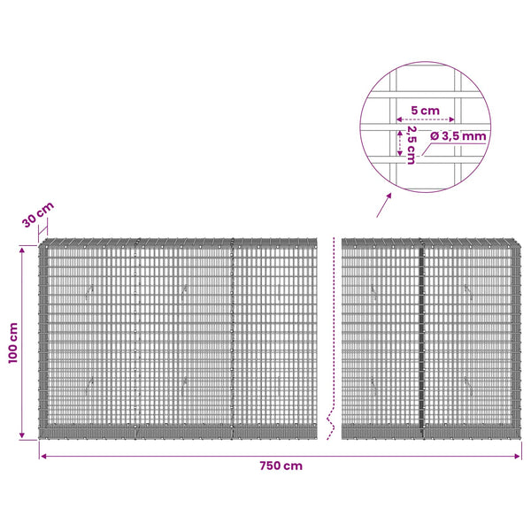 Gabion 3,5 mm langasta ja 5x2,5 cm verkosta 750x30x100 cm