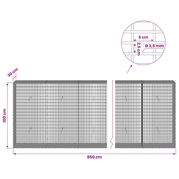 Gabion 3,5 mm langasta ja 5x2,5 cm verkosta 850x30x100 cm