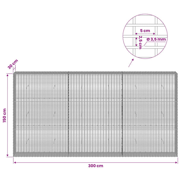 Gabion 3,5 mm langasta ja 5x2,5 cm verkosta 300x30x150 cm