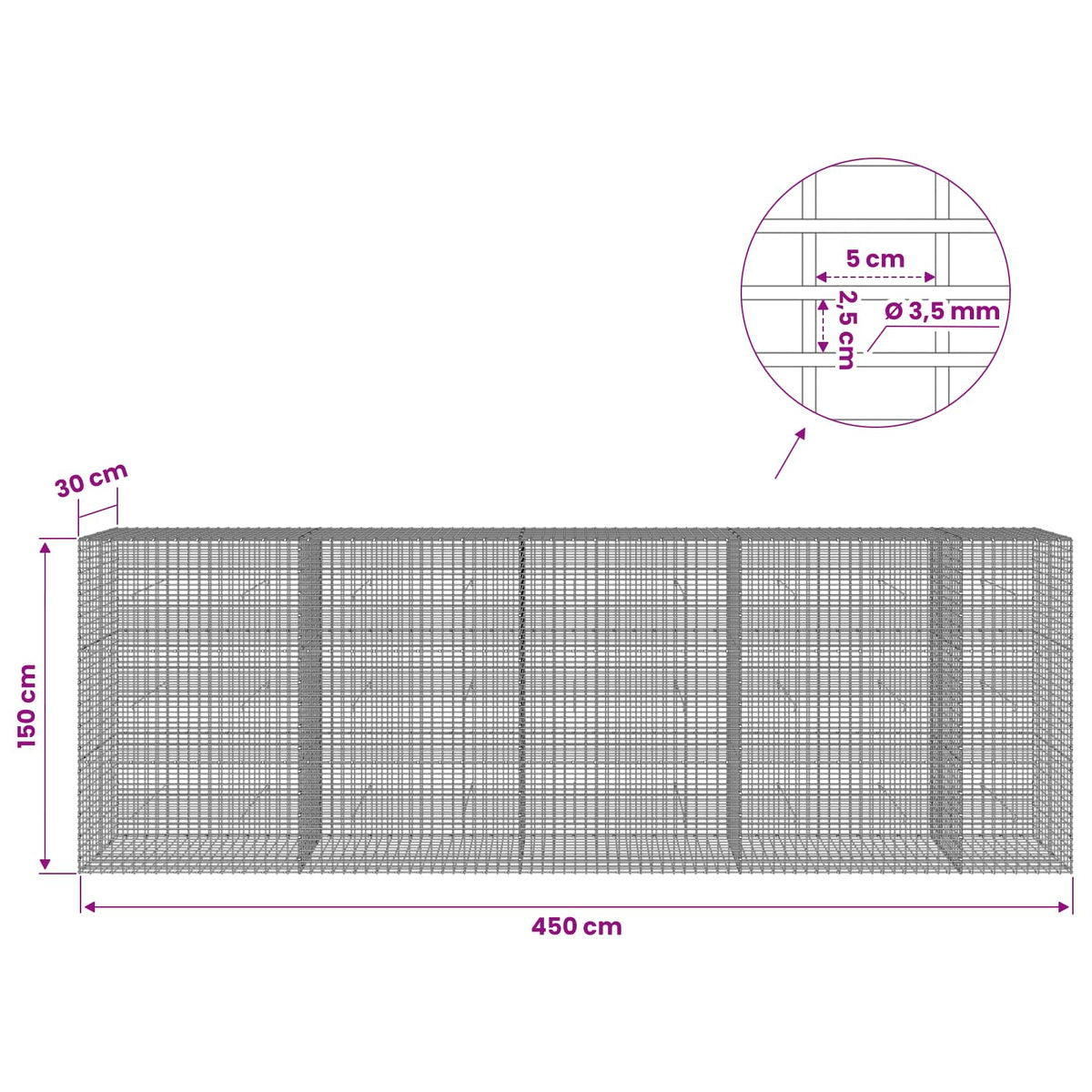 Gabion 3,5 mm langasta ja 5x2,5 cm verkosta 450x30x150 cm