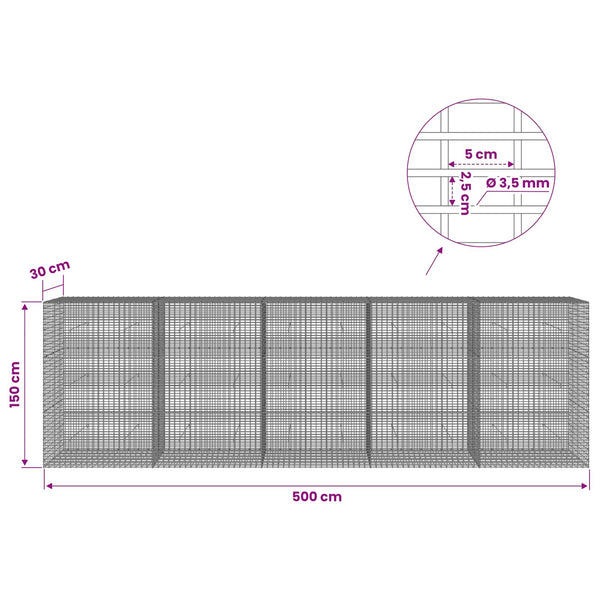 Gabion 3,5 mm langasta ja 5x2,5 cm verkosta 500x30x150 cm