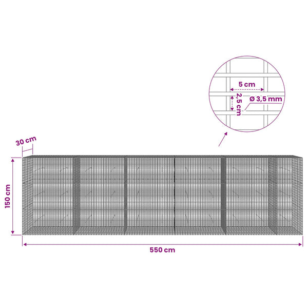 Gabion 3,5 mm langasta ja 5x2,5 cm verkosta 550x30x150 cm