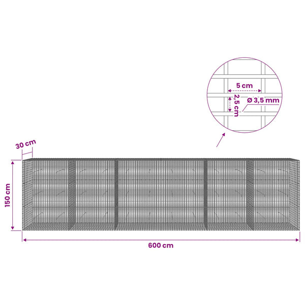 Gabion 3,5 mm langasta ja 5x2,5 cm verkosta 600x30x150 cm