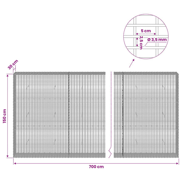 Gabion 3,5 mm langasta ja 5x2,5 cm verkosta 700x30x150 cm