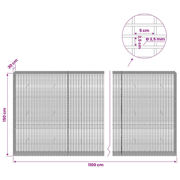 Gabion 3,5 mm langasta ja 5x2,5 cm verkosta 1100x30x150 cm