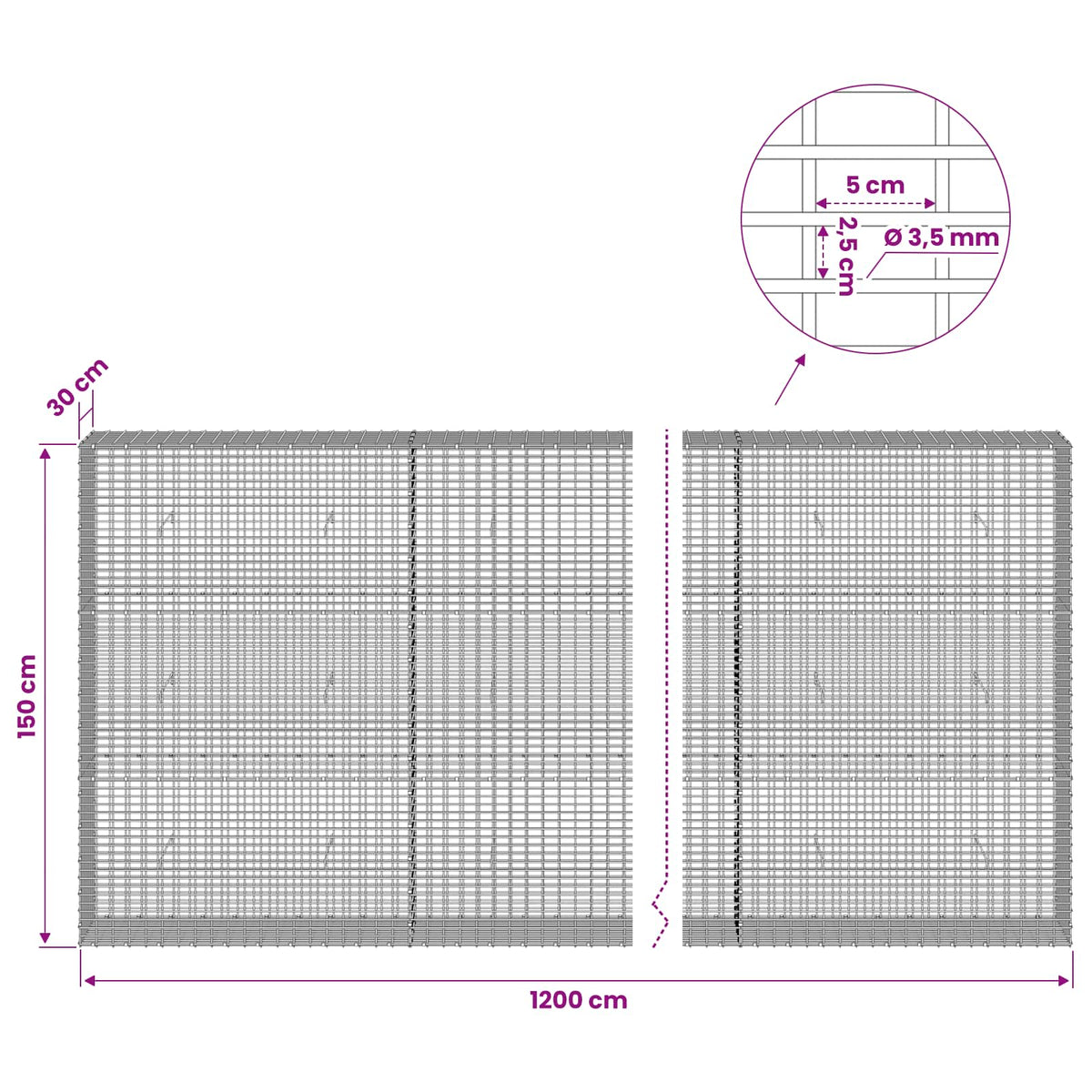 Gabion 3,5 mm langasta ja 5x2,5 cm verkosta 1200x30x150 cm