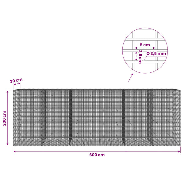 Gabion 3,5 mm langasta ja 5x2,5 cm verkosta 600x30x200 cm