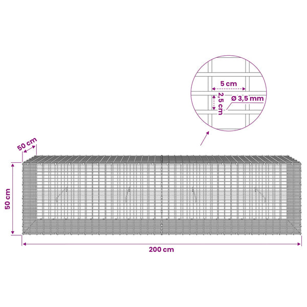 Gabion 3,5 mm langasta ja 5x2,5 cm verkosta 200x50x50 cm