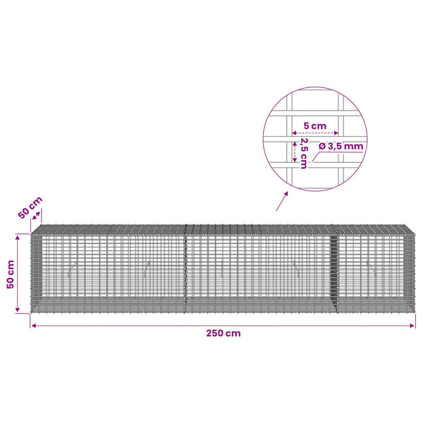 Gabion 3,5 mm langasta ja 5x2,5 cm verkosta 250x50x50 cm