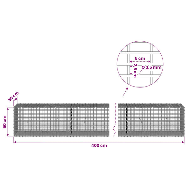 Gabion 3,5 mm langasta ja 5x2,5 cm verkosta 400x50x50 cm