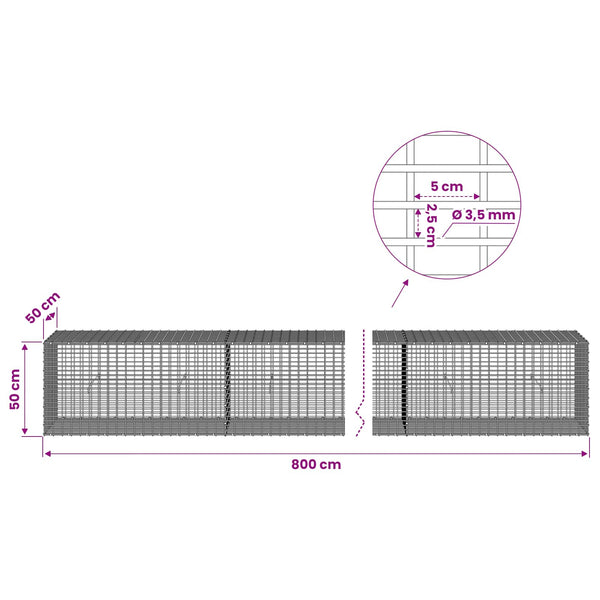 Gabion 3,5 mm langasta ja 5x2,5 cm verkosta 800x50x50 cm