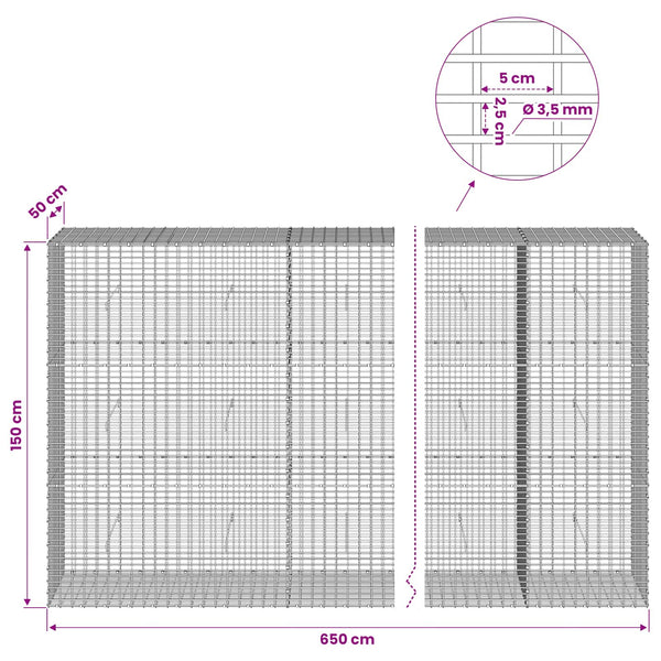 Gabion 3,5 mm langasta ja 5x2,5 cm verkosta 650x50x150 cm