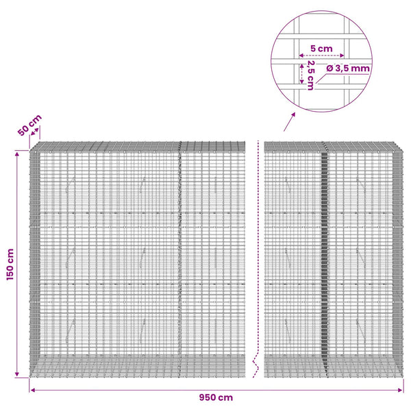 Gabion 3,5 mm langasta ja 5x2,5 cm verkosta 950x50x150 cm