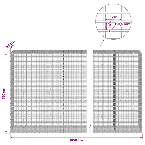 Gabion 3,5 mm langasta ja 5x2,5 cm verkosta 1050x50x150 cm