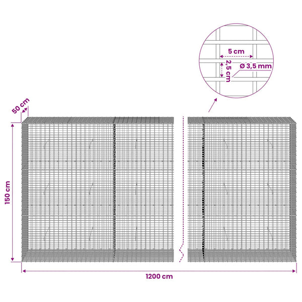 Gabion 3,5 mm langasta ja 5x2,5 cm verkosta 1200x50x150 cm