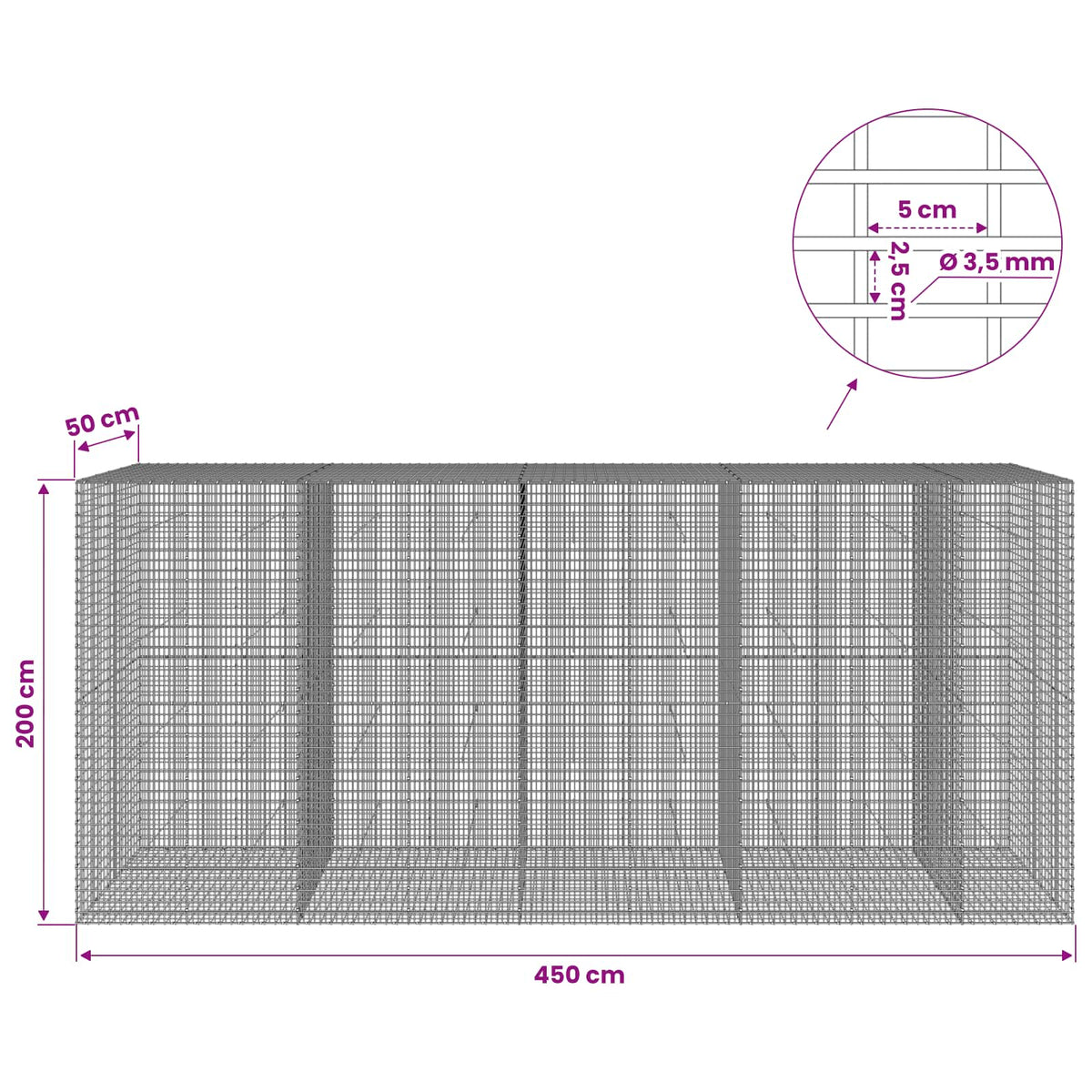 Gabion 3,5 mm langasta ja 5x2,5 cm verkosta 450x50x200 cm