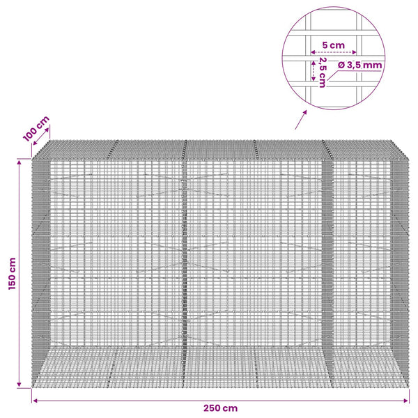 Gabion 3,5 mm langasta ja 5x2,5 cm verkosta 250x100x150 cm