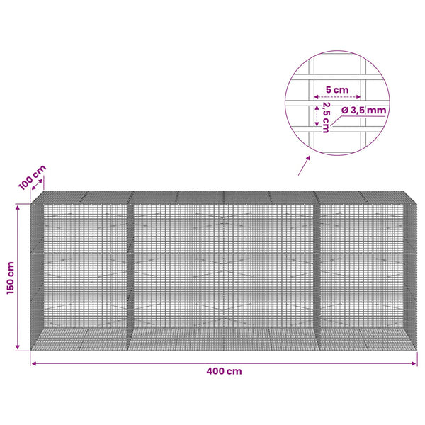 Gabion 3,5 mm langasta ja 5x2,5 cm verkosta 400x100x150 cm