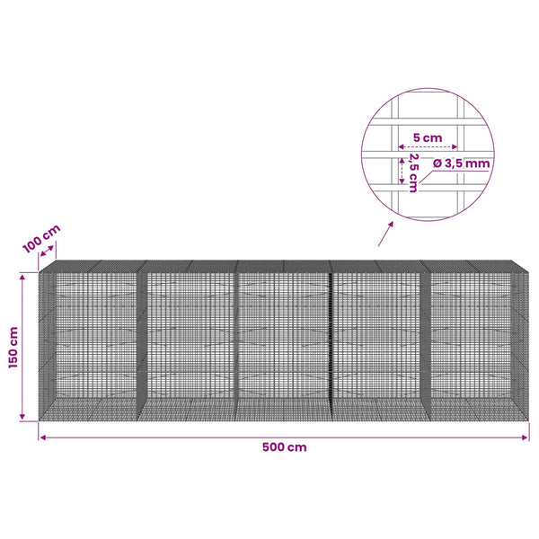 Gabion 3,5 mm langasta ja 5x2,5 cm verkosta 500x100x150 cm