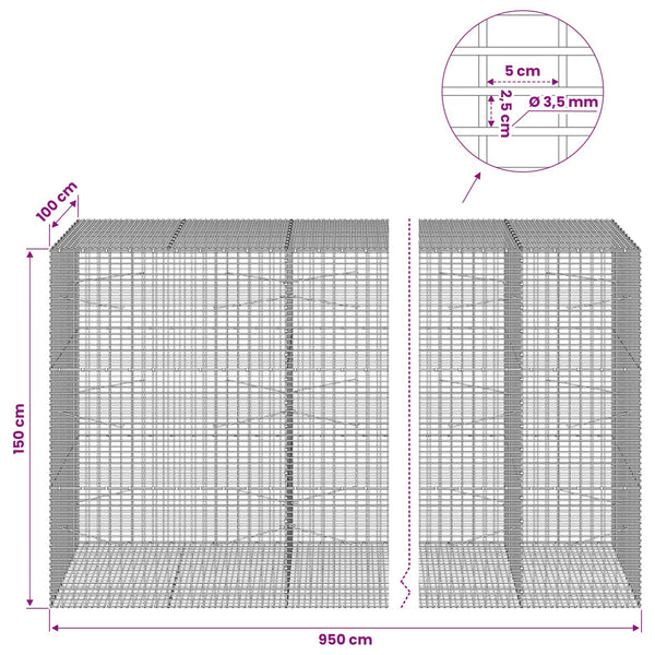 Gabion 3,5 mm langasta ja 5x2,5 cm verkosta 950x100x150 cm