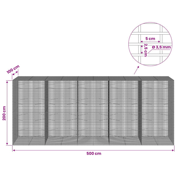 Gabion 3,5 mm langasta ja 5x2,5 cm verkosta 500x100x200 cm