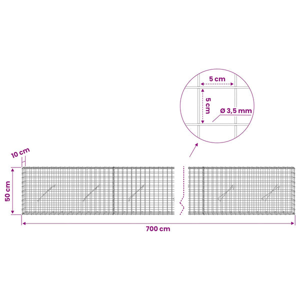 Gabioni, jossa 3,5 mm langat ja 5x5 cm verkko 700x10x50 cm