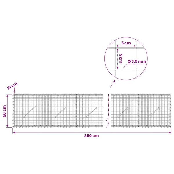 Gabioni, jossa 3,5 mm langat ja 5x5 cm verkko 850x10x50 cm