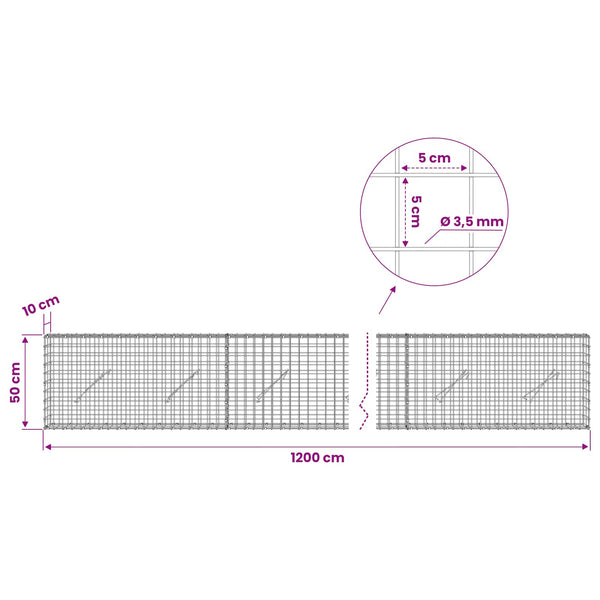 Gabioni, jossa 3,5 mm langat ja 5x5 cm verkko 1200x10x50 cm