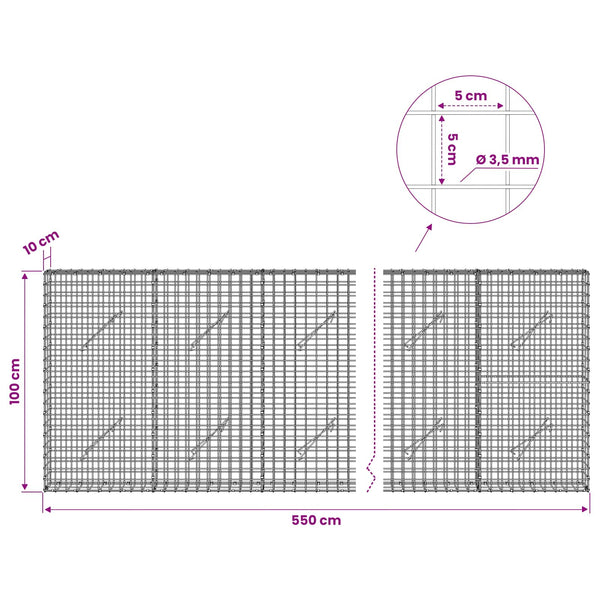Gabioni, jossa 3,5 mm langat ja 5x5 cm verkko 550x10x100 cm