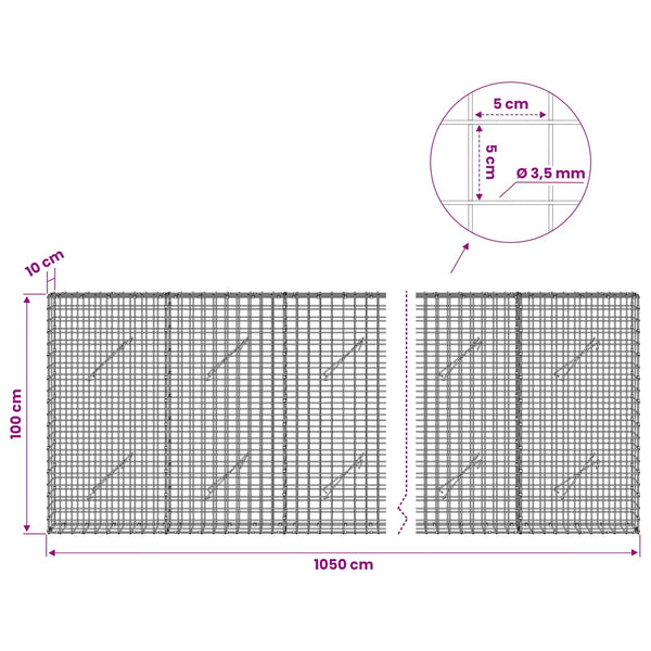 Gabioni, jossa 3,5 mm langat ja 5x5 cm verkko 1050x10x100 cm