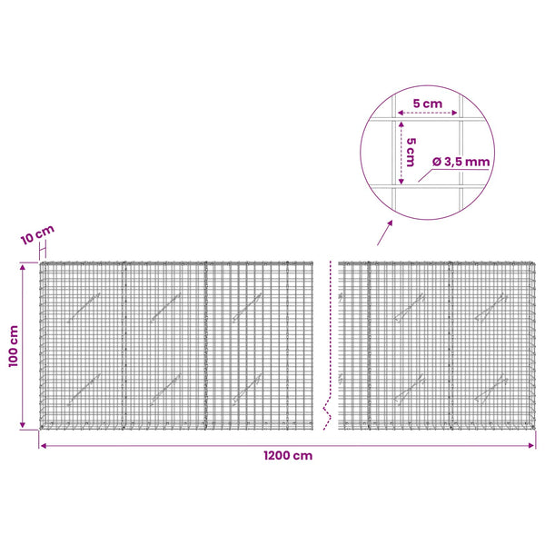 Gabioni, jossa 3,5 mm langat ja 5x5 cm verkko 1200x10x100 cm