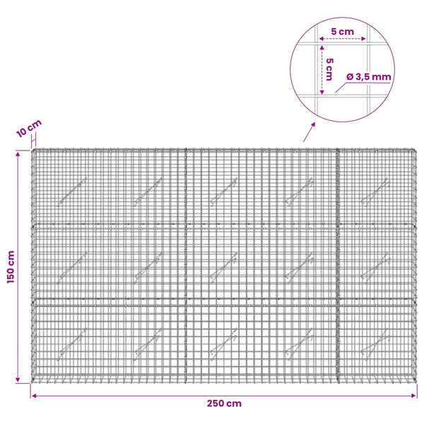 Gabioni, jossa 3,5 mm langat ja 5x5 cm verkko 250x10x150 cm