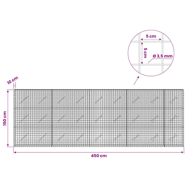 Gabioni, jossa 3,5 mm langat ja 5x5 cm verkko 450x10x150 cm