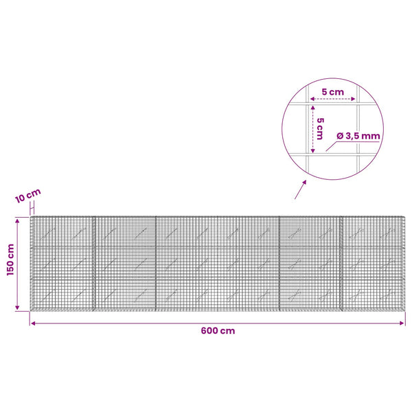 Gabioni, jossa 3,5 mm langat ja 5x5 cm verkko 600x10x150 cm